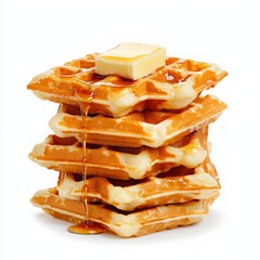International sweet food minimal. A stack of crispy waffles topped with a pat of butter and drizzled with syrup, emphasizing a delicious breakfast treat.