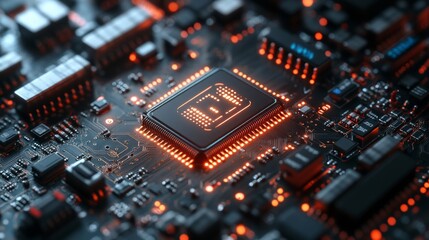 Fototapeta premium Detailed view of a modern motherboard with backlighting highlighting the CPU. Suitable for technology articles, computer hardware reviews, electronics advertising.