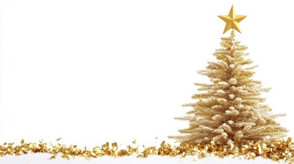 Golden radiance: a festive evergreen adorned with a glimmering star, sprinkled with sparkling confetti against a pristine white backdrop.