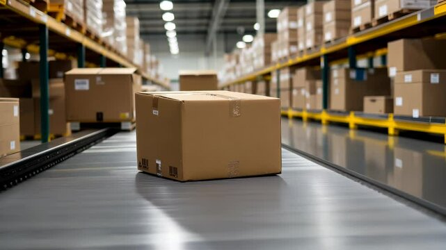Closeup of multiple cardboard box packages seamlessly moving along automation, conveyor belt in a warehouse fulfillment center, a delivery, e-commerce, and products logistic center video