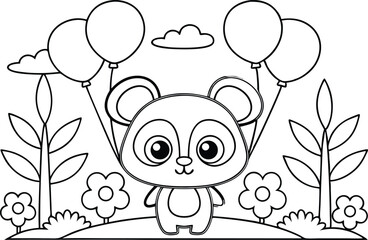 Cute Outlined Panda Bear with Balloons, Flowers, and Cloud on Transparent Background