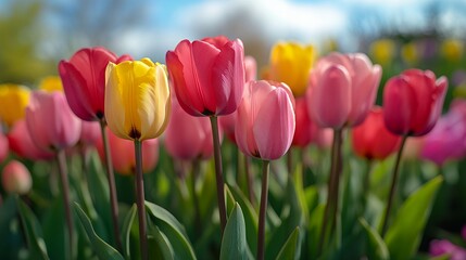 Vibrant Tulip Cluster in Full Bloom. Generative AI