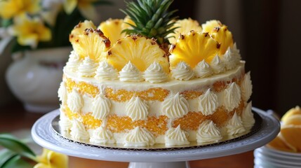 Elegant three-tiered cake with pineapple topping. White frosting and vibrant layers create a stunning centerpiece. Softly blurred background