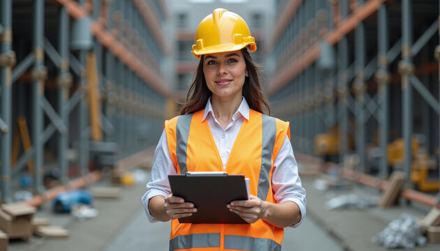 Smiling woman in safety gear holding clipboard in warehouse