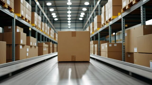 Closeup of multiple cardboard box packages seamlessly moving along automation, conveyor belt in fulfillment center, a snapshot of a delivery, e-commerce, and products logistic center video