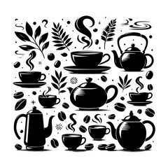 A vector illustration of a set of coffee cups, tea cups, and tea cups with saucers, featuring various drink icons like espresso, cappuccino, and mocha, perfect for kitchen or café design