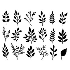 Seamless pattern of black leaf and plant silhouettes in a vintage floral design