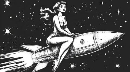 Cosmic pin-up: retro rocket girl amidst a starry expanse - vintage style illustration in black and white.