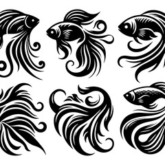 Naklejka premium Tribal tattoo design set with fish, bird, floral, and ornamental elements in black and vintage style