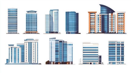 Architectural array: a collection of modern building designs in clean, contemporary style, illustrating a diverse urban skyline.