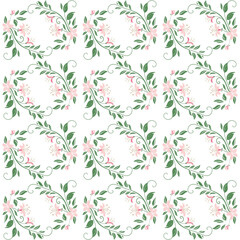 seamless floral pattern in pink, blue and white colors with a bouquet of roses. frame of beautiful flowers and leaves vector design