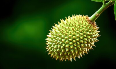 Close up of a spiky durian fruit still hanging from the tree, showing its distinctive texture.