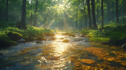 Obraz premium Sunlit Stream in Lush Forest. Generative AI