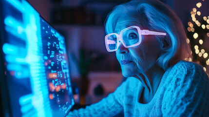 An elderly woman engages with futuristic technology. The concept of how technology bridges generational gaps and enhances accessibility for all ages. Generative AI.