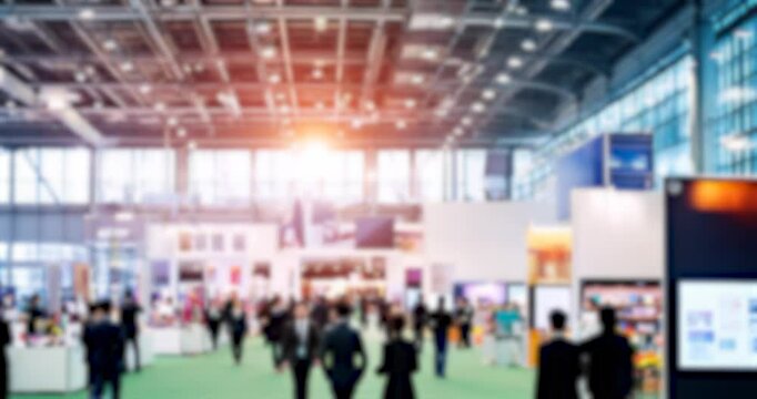 trade fair international business event, walking crowd of people in goal tradeshow convention exhibition hall, abstract blur blurred background for copy space