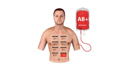 A medical infographic of AB Positive blood donation, illustrating universal recipient properties and transfusion compatibility, 3d