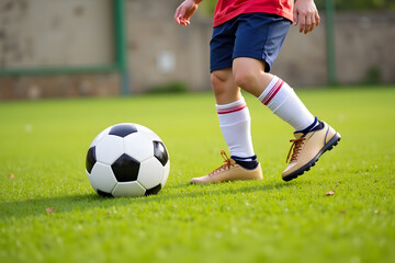 Obraz premium Young caucasian child playing soccer on green field