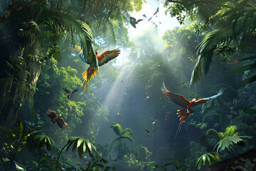 Slow Vertical Pan Through a Dense Rainforest, Revealing Lush Greenery