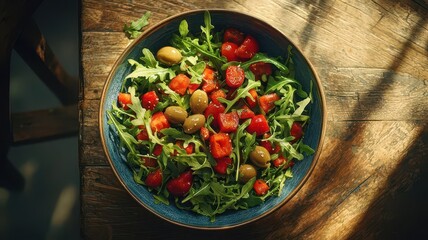 Arugula Salad with Cherry Tomatoes, Red Peppers, and Green Olives on Rustic Table