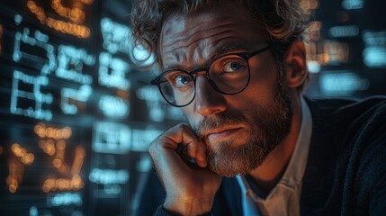 Concept of training and research. A thoughtful man with physical and mathematical formulas in the background