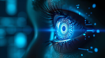 A hyper-detailed cybernetic human eye glows with neon blue circuits, scanning a futuristic security key icon. Digital holograms, biometric data streams