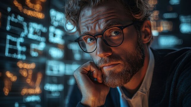 Concept of training and research. A thoughtful man with physical and mathematical formulas in the background