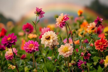 A delightful flower patch bursting with color after rain, where a striking rainbow enhances the vitality and charm of the vibrant blooms. 