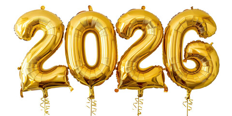 new year golden metallic balloons in shape of numbers 2026 isolated on white or transparent png