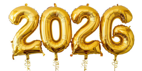 new year golden metallic balloons in shape of numbers 2026 isolated on white or transparent png
