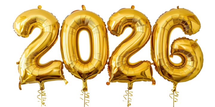 new year golden metallic balloons in shape of numbers 2026 isolated on white or transparent png