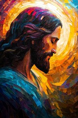 Fototapeta premium Vibrant, artistic silhouettes of Jesus Christ merge with gravitational waves, depicting cosmic vibrations and wave motion. Stunning colors and intricate wavelengths create a mesmerizing fusion of fait