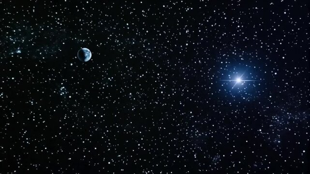 Starry night sky with planets and bright star in outer space
