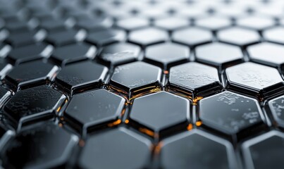 Obraz premium Close up on a pattern of metallic hexagons with a wet look, showcasing a modern texture.