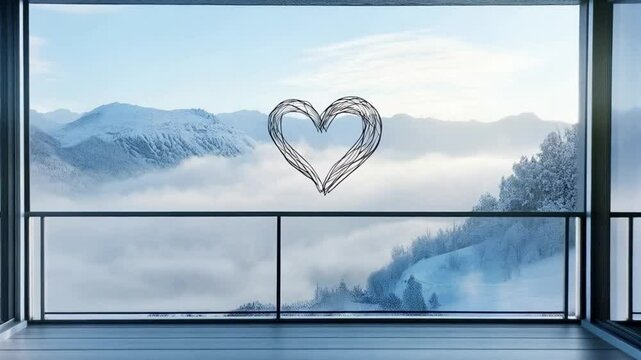 Heart drawn on a glass window with a mountain view