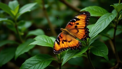 The striking butterfly in the jungle photo showcases vibrant hues of orange, yellow, and black patterns on its delicate wings