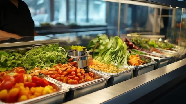 Fresh salad bar with a variety of vegetables and toppings, healthy eating concept