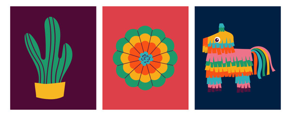 Cinco de mayo vector set. Mexican skull, sombrero, , Mexican hat, cactus . Cozy flat doodle hand drawn holiday element . Mexican Pattern design .