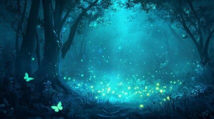 Fototapeta premium Enchanted Forest with Glowing Lights and Butterflies at Night Illustration