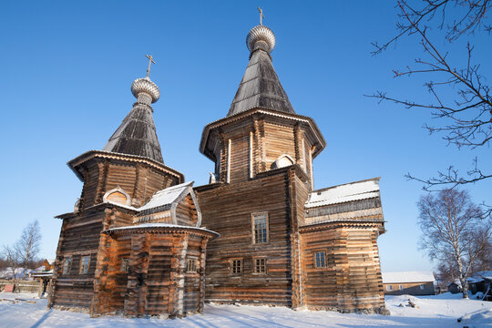 The ancient wooden Cathedral of the Assumption of the Blessed Virgin Mary on a sunny March day. Kem. Karelia, Russia