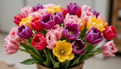 Obraz premium A stunning collection of tulips in shades of pink, purple, yellow, and red are artfully arranged in a rustic pot