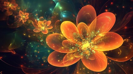 Glowing Floral Fantasy Digital Artwork with Orange and Yellow Flowers