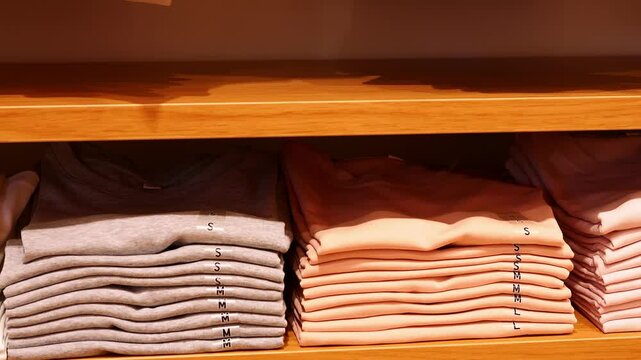 Folded t-shirt stacks on store shelves sorted by size and color tones T-shirt presentation reflects retail order fashion variety and minimalist style Every t-shirt perfectly folded visually clean