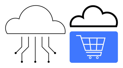 Cloud computing connected with digital shopping cart, symbolizing e-commerce, online retail, data storage, and technology. Ideal for innovation, modern business, tech solutions, retail automation