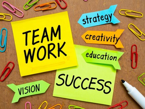 Task concept, business plan of the words Teamwork, Education, Vision, Creativity, Strategy, Success.