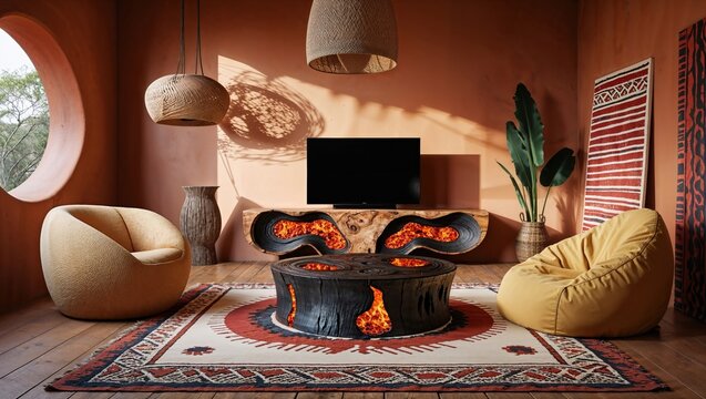 Generative AI, Afro-inspired cozy living room with tribal decor - Powered by Adobe