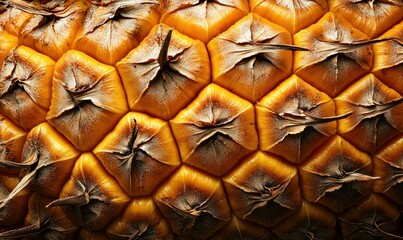 Close-up reveals the intricate texture and geometric pattern of a vibrant pineapple's skin.