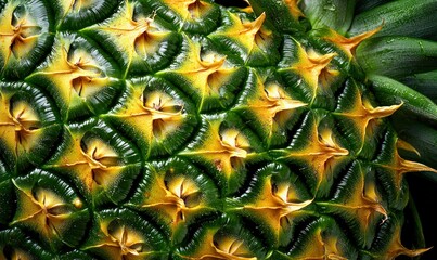 Fototapeta premium Close-up of the geometric skin pattern on a fresh pineapple shows intricate textures and vibrant colors.