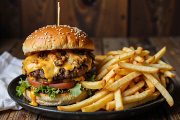 A mouthwatering cheeseburger with melted cheese, crispy lettuce, and juicy beef patty sits atop a sesame seed bun, accompanied by a generous serving of golden french fries on a black plate
