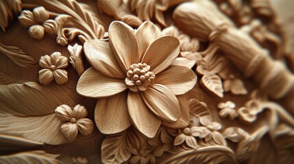 Intricate wood carving floral detail, close-up, ornate background, design inspiration
