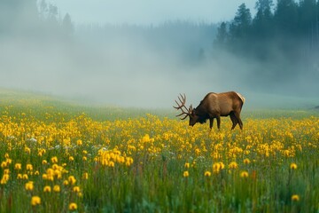 Elk Grazing in Yellow Flower Field on a Misty Morning